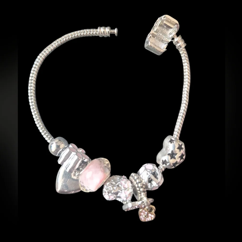 Charming Silver and Pink Heart Bracelet